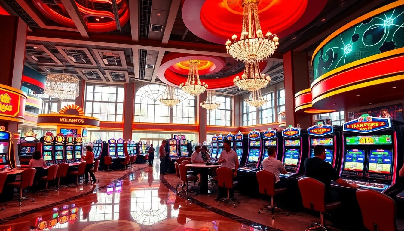 Casino lively atmosphere with players enjoying games and bright lighting.
