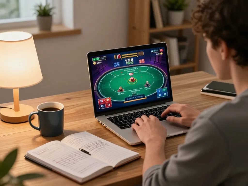 HM88 online poker gameplay on modern laptop with strategic notes in cozy home setup
