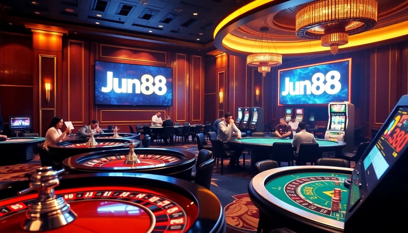 Jun88 casino scene showcasing luxury gaming tables filled with enthusiastic players.
