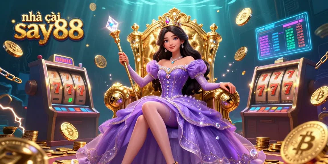 Engage with nhà cái say88's vibrant casino atmosphere featuring a regal princess amidst slot reels and crypto elements.