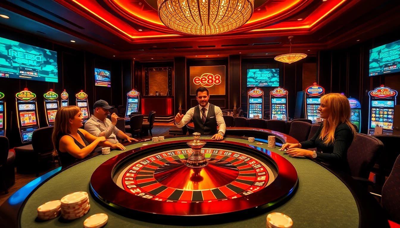 Experience the thrill of winning at EE88 link đăng nhập in this luxurious casino scene featuring roulette and excited players.