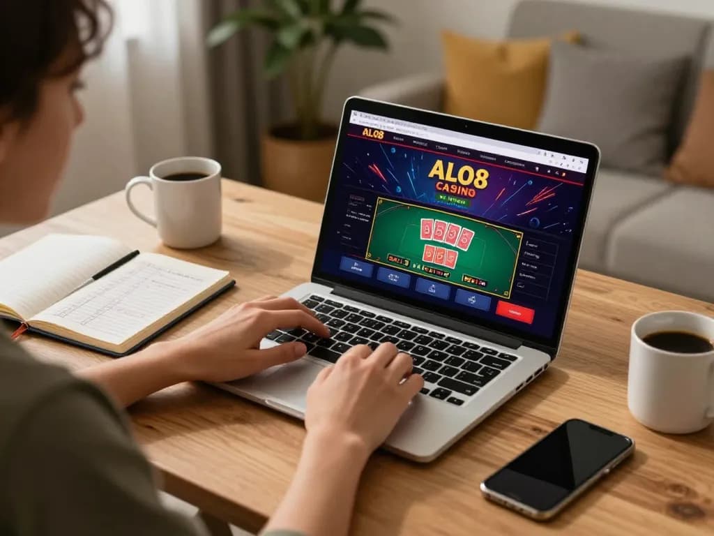 Player enjoying online games at ALO8 on laptop and smartphone in cozy home setting