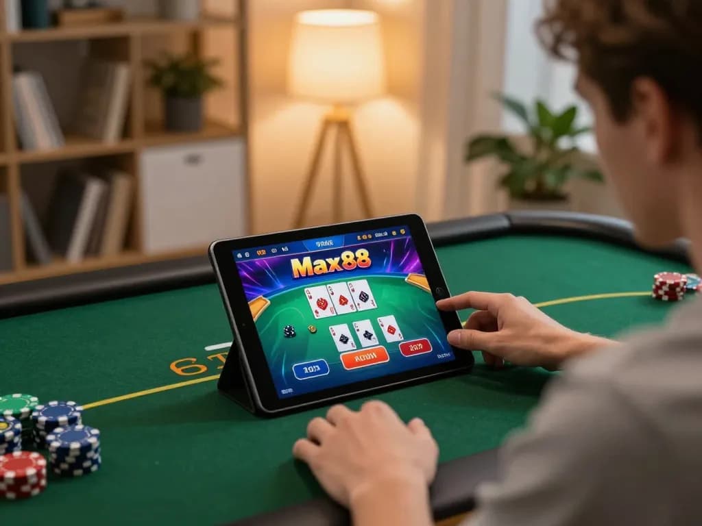 Max88 poker gameplay showing vibrant interface on tablet while player engages responsibly.