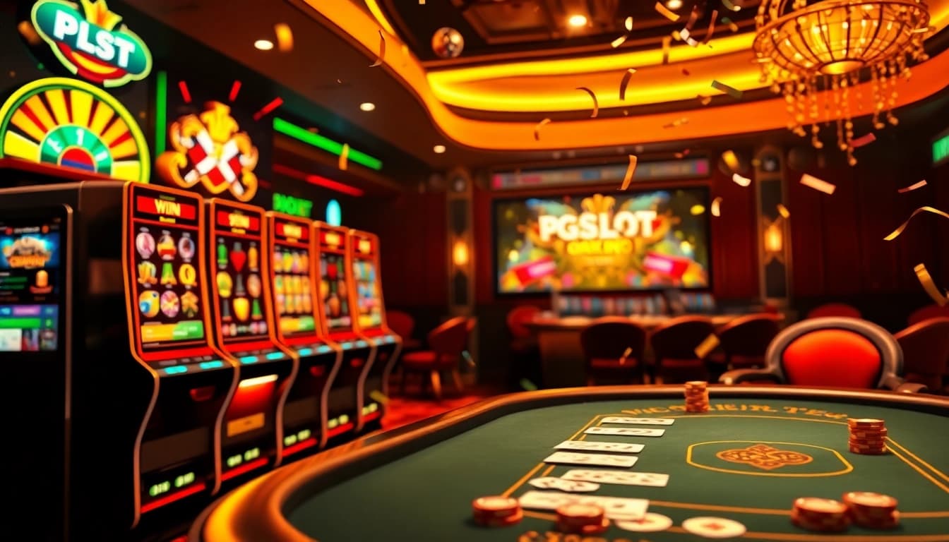 Experience the thrill of PGSLOT IN with vibrant slot machines and luxury gaming settings.