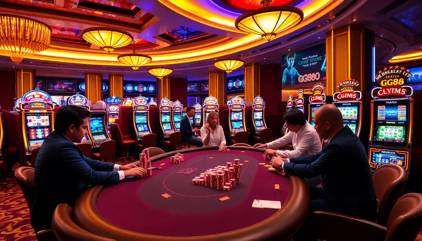 Experience the vibrant GG88 casino atmosphere with players at the poker table and exciting slot machines.