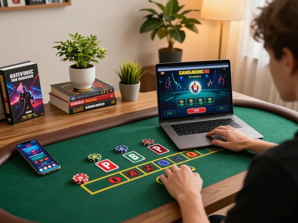 Engaging in lc88 online baccarat gaming with live dealer on sleek laptop amidst cozy atmosphere