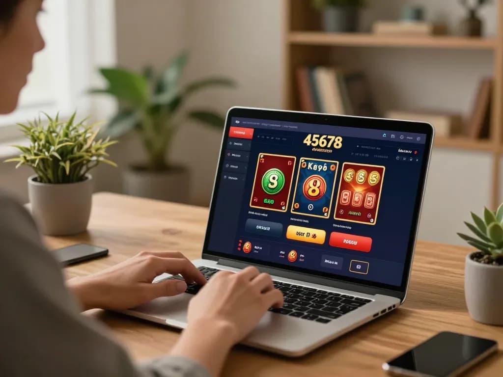 Engaging with the 45678 casino app on a stylish laptop in a cozy home office