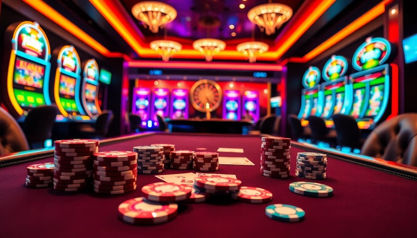 Exciting GameQueen gambling scene showcasing vibrant casino tables and slot machines.
