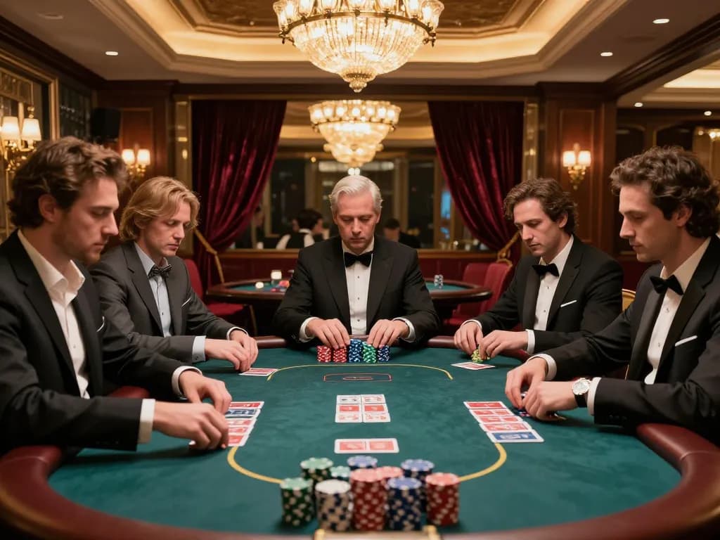 Poker players strategizing during a game at RR88 casino, featuring high-stakes action and polished chips.