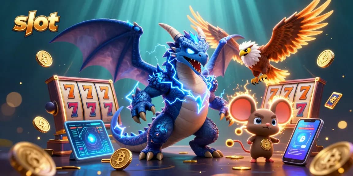 Slot online yang menarik dengan karakter naga, burung elang, dan mouse, dilengkapi dengan simbol slot yang mengesankan.