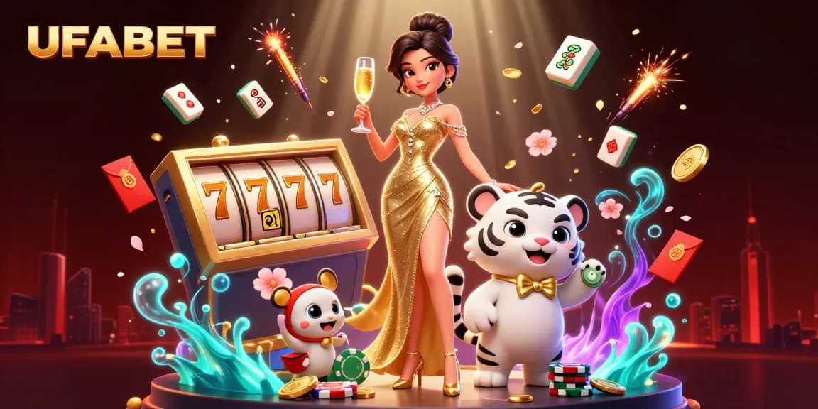 Win big with UFABET online casino featuring a glamorous woman and lucky tiger in a vibrant gaming scene.
