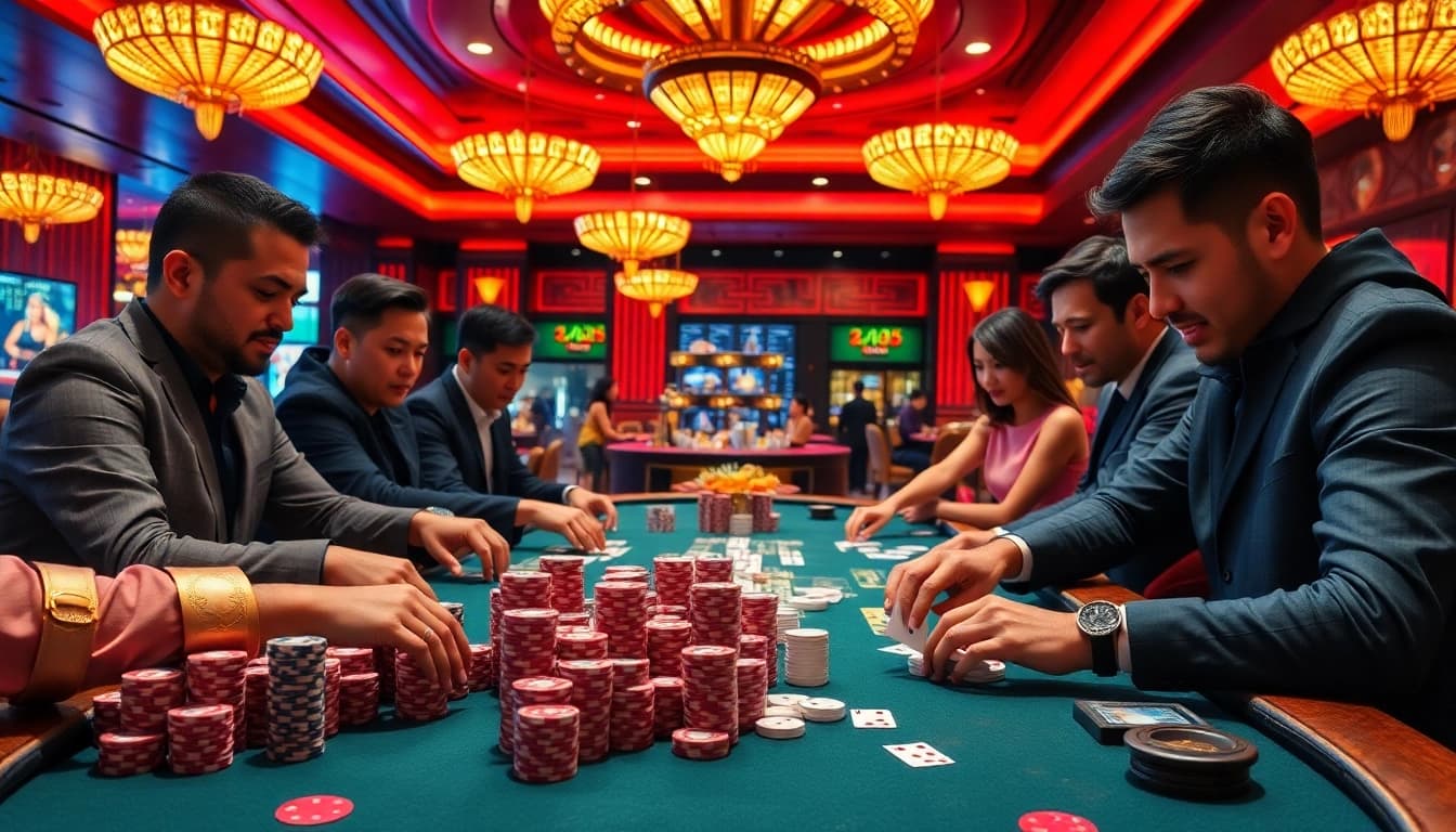 Players enjoying Dominoqiu at a luxurious poker table with vibrant casino elements.