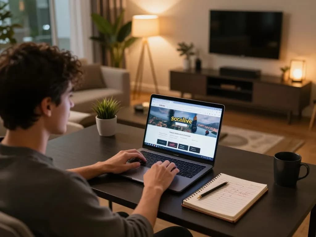 Socolive user engaged in online football betting, showcasing an interactive gaming setup in a cozy living room.