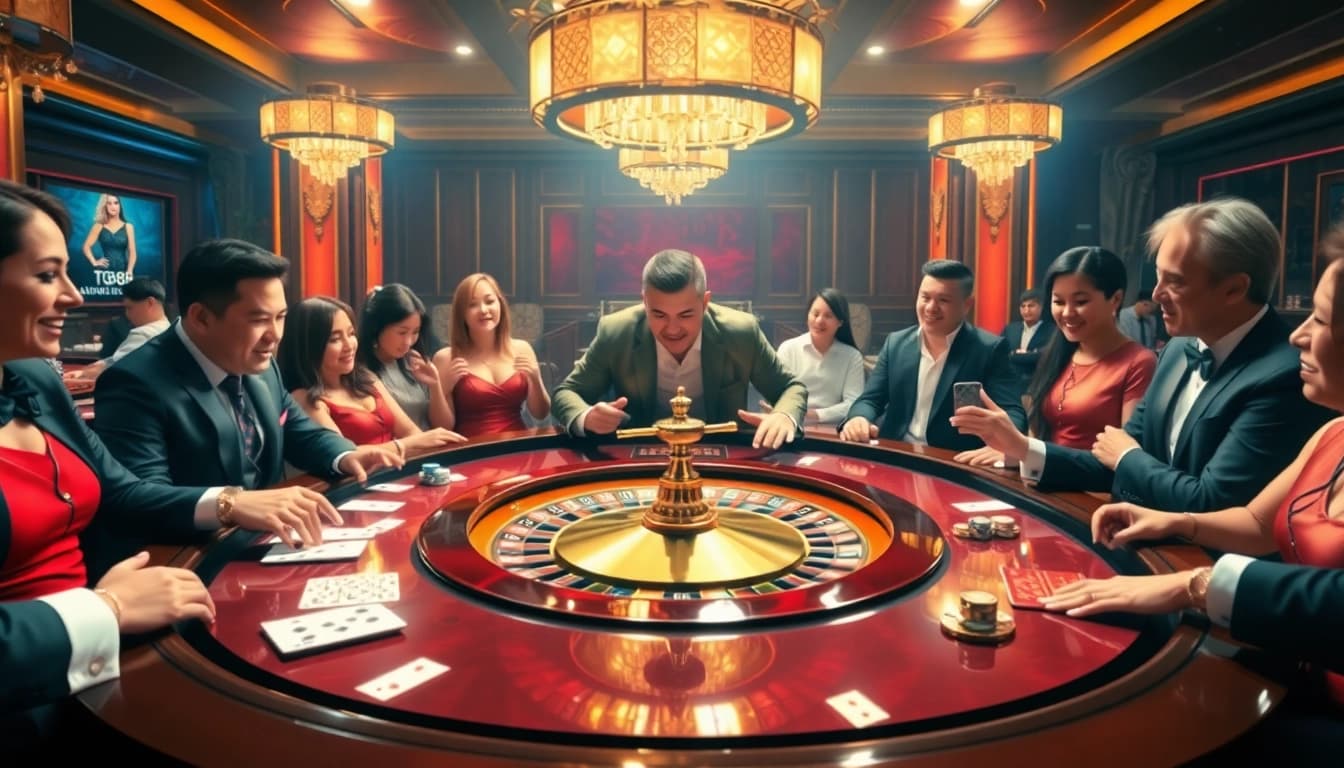 Experience excitement at a TG88-themed roulette table with eager players betting for big wins.