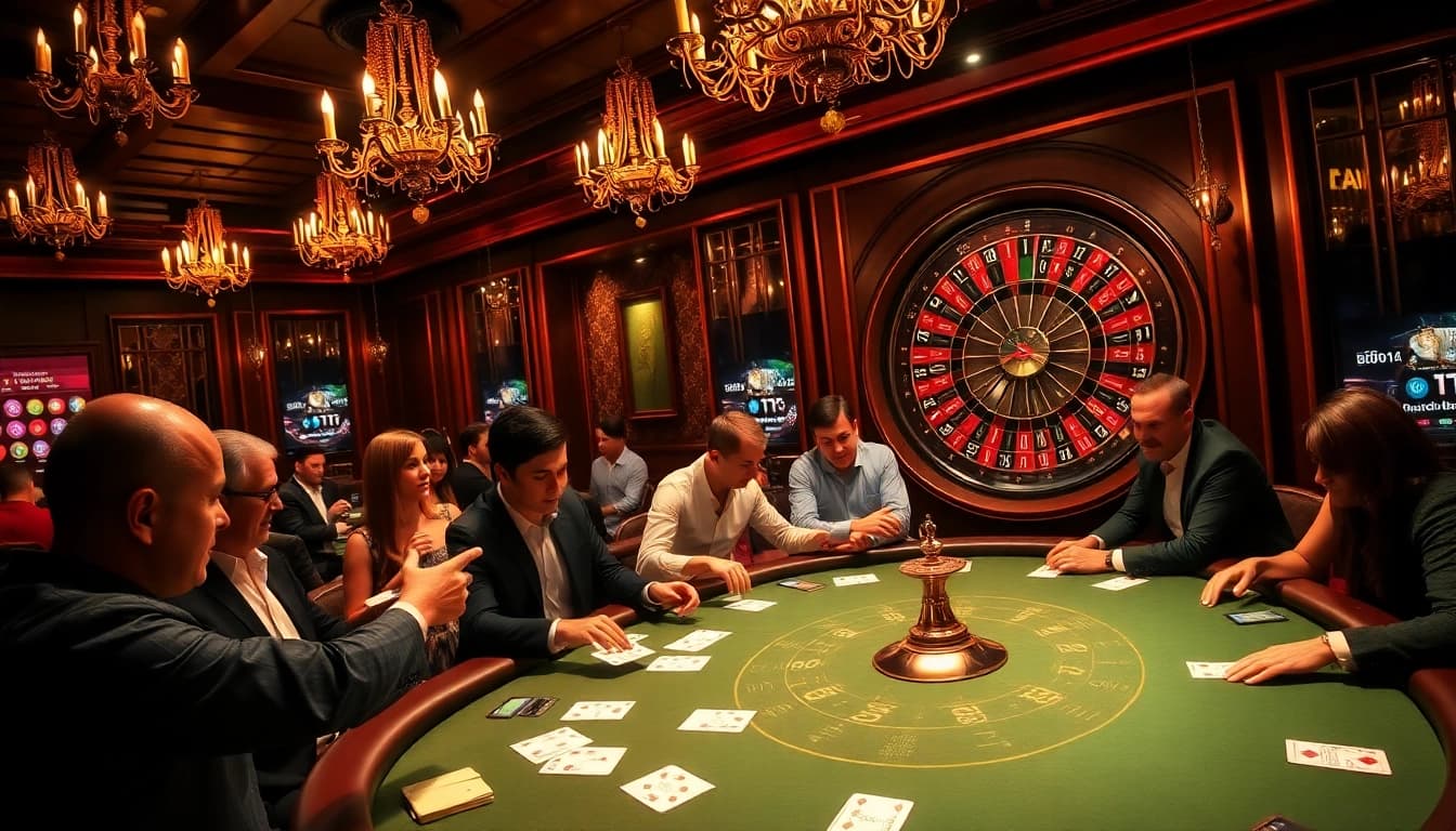 Players engage at a luxurious poker table featuring BDTK1 betting slips and casino elements.