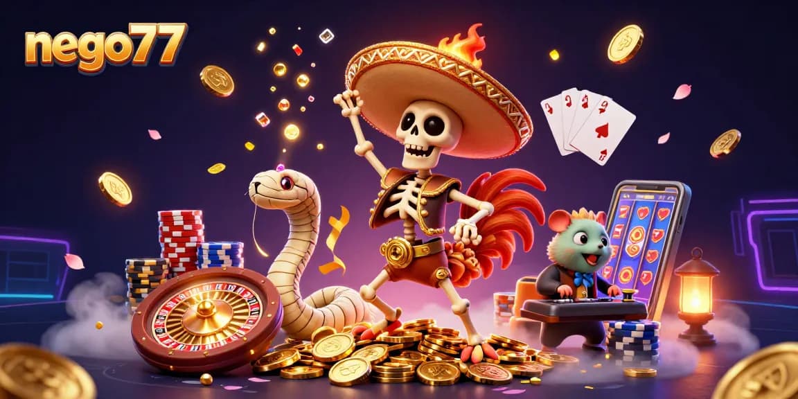 Engage in the exciting world of nego77 with a vibrant 3D casino illustration showcasing thrilling slot action.