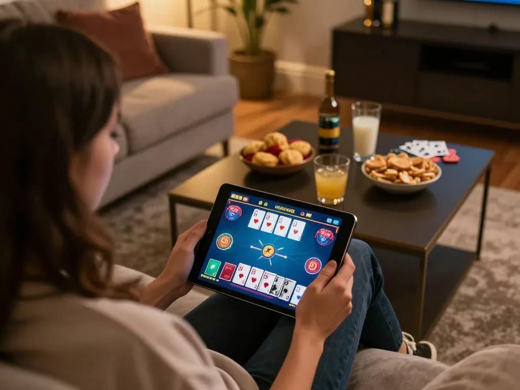 Person engaged in online poker gaming at nk88 on a tablet in a cozy living room