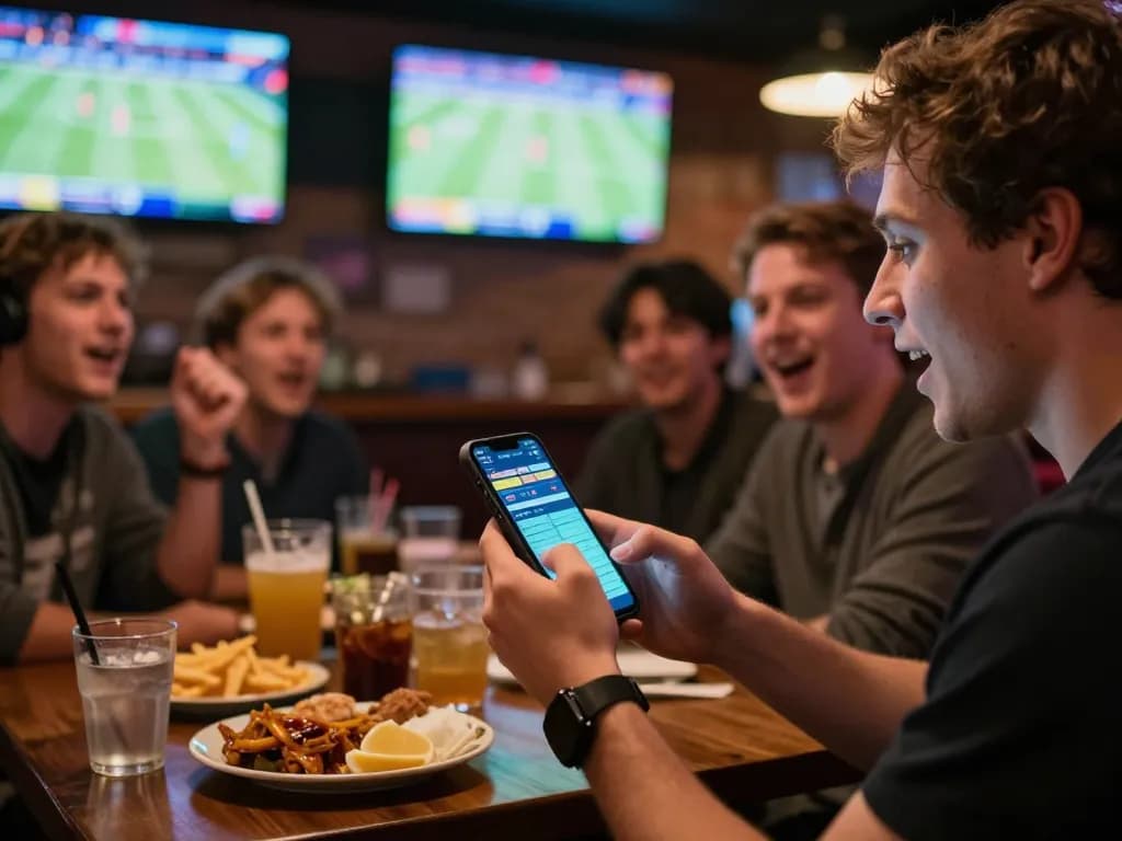 F168 sports betting moment with mobile app usage and live game excitement in a vibrant setting