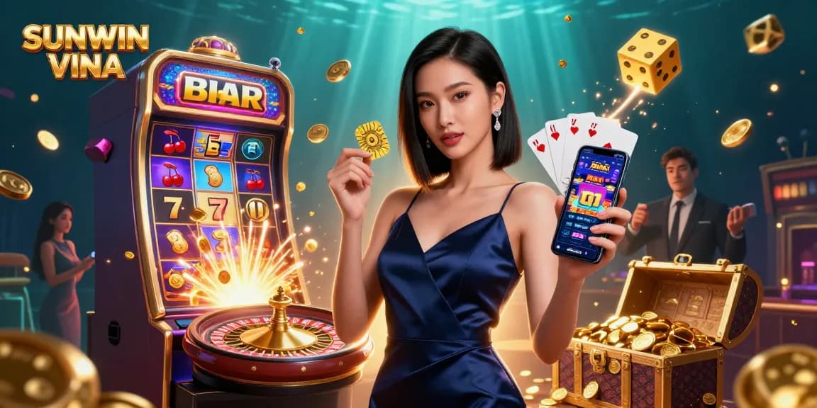 Join the action at SUNWIN VINA with an alluring Asian woman showcasing a casino app and golden chip.