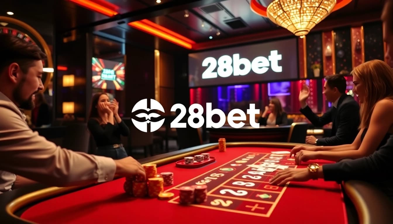 Players enjoying blackjack at a luxurious 28bet casino table with vibrant decor.