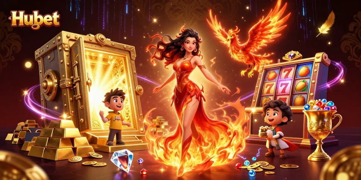 Spin the reels at Hubet with a stunning Asian woman in a fiery gown and casino treasures.