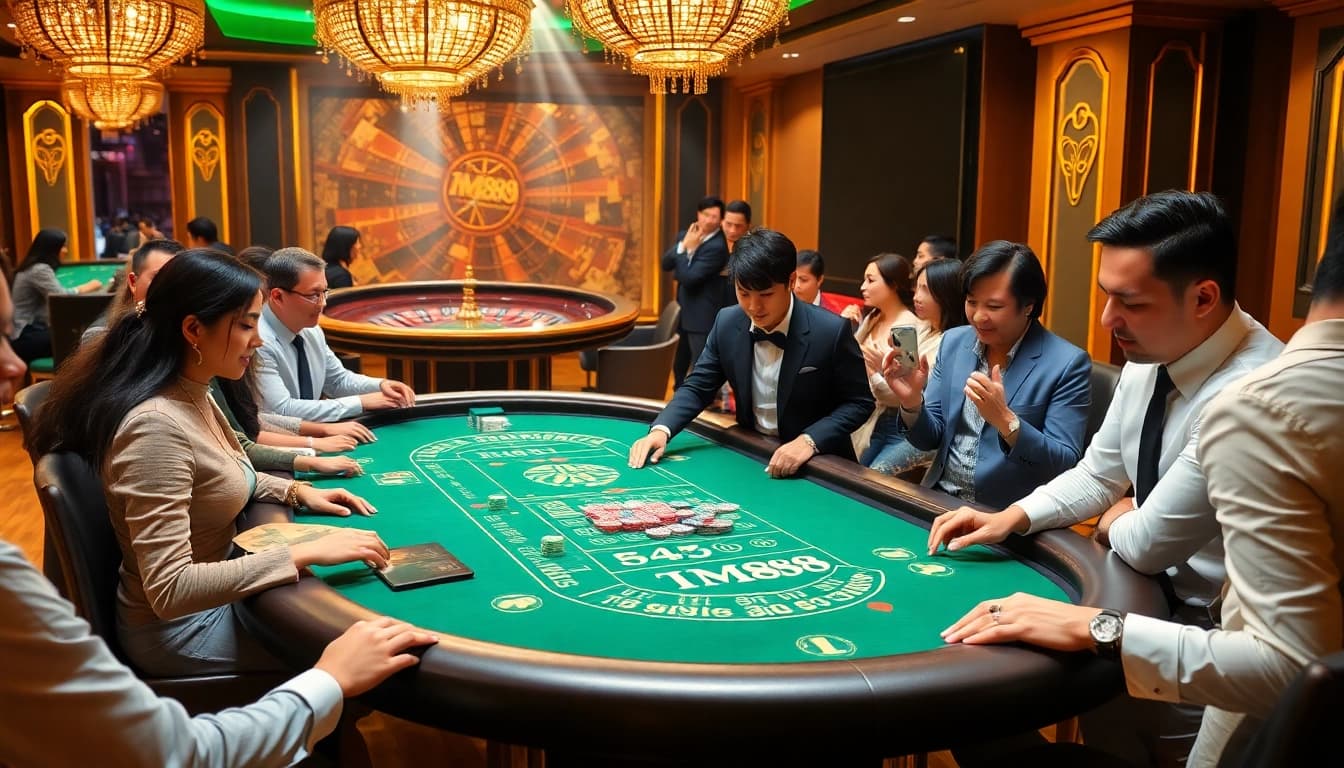 Engage in thrilling games at MM88, featuring vibrant casino tables and enthusiastic players.