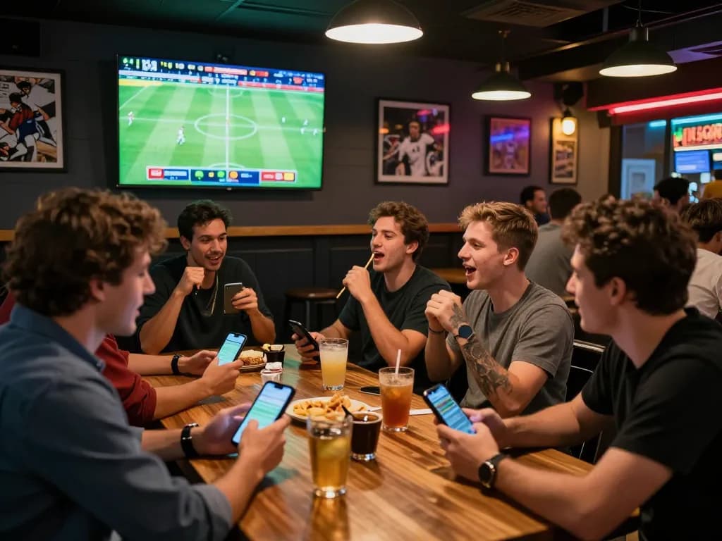 Exciting moment of friends engaging in sports betting while watching trực tiếp bóng đá, showcasing camaraderie and strategy.