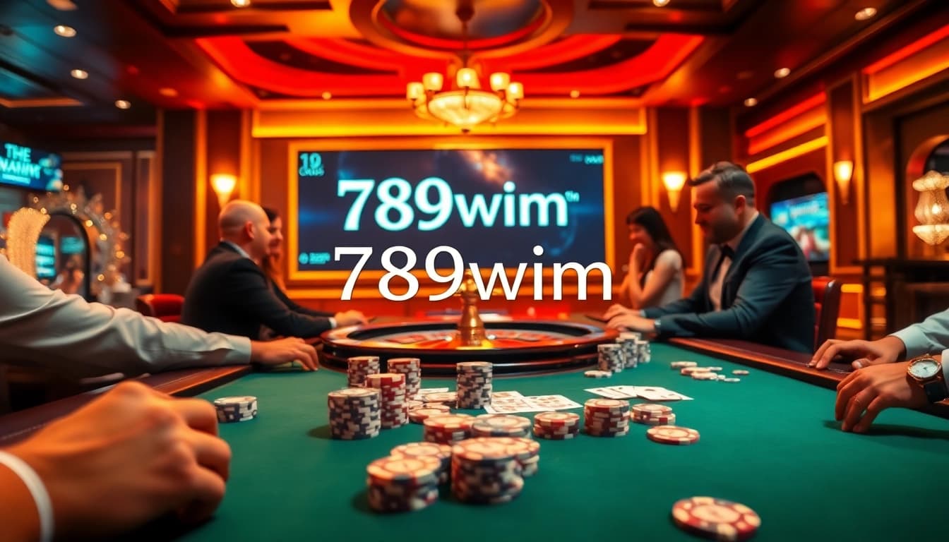 A high-stakes poker scene featuring 789wim chips, cards, and a roulette wheel, capturing the excitement of casino games.