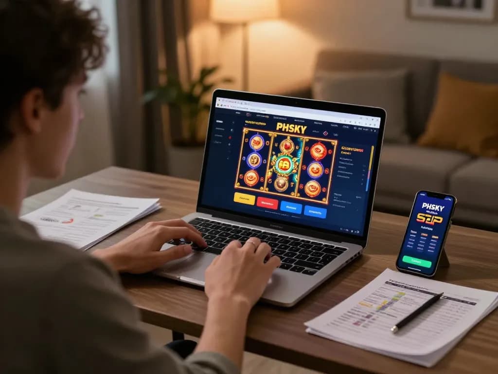 Engaged player exploring the PHSKY online casino on a laptop, dynamic gaming setup.