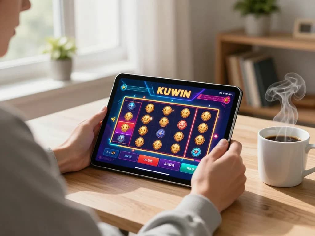 Kuwin player enjoying online casino slot games on tablet in cozy home setting