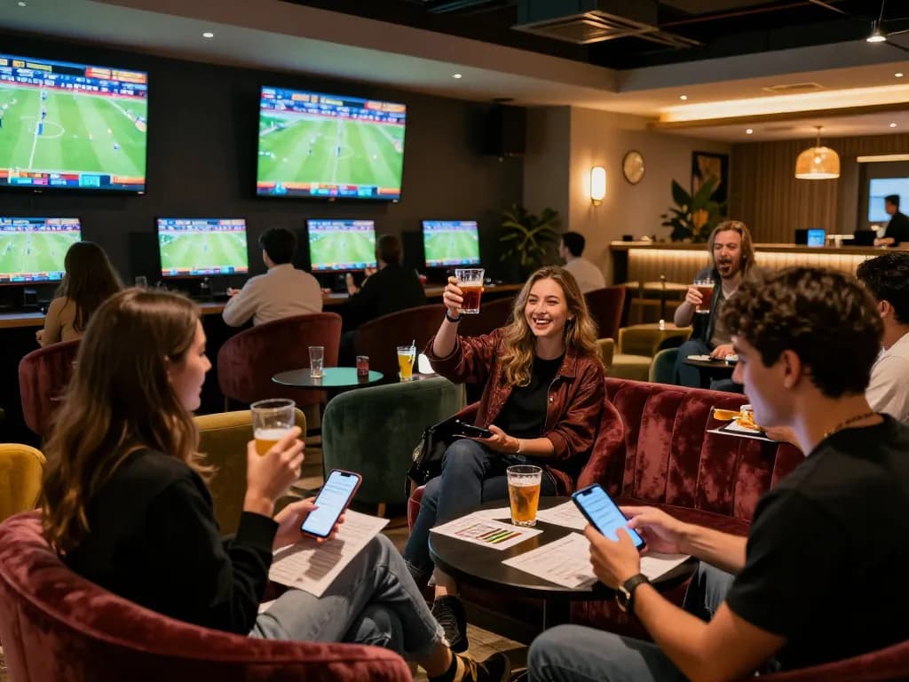 Friends enjoying sports betting excitement at sunwin lounge, screens displaying live games