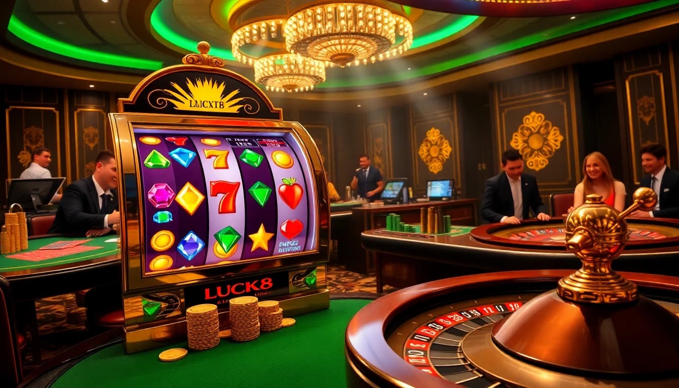 Players celebrating a win at the glamorous LUCK8 casino, featuring vibrant slot machines and elegant poker tables.