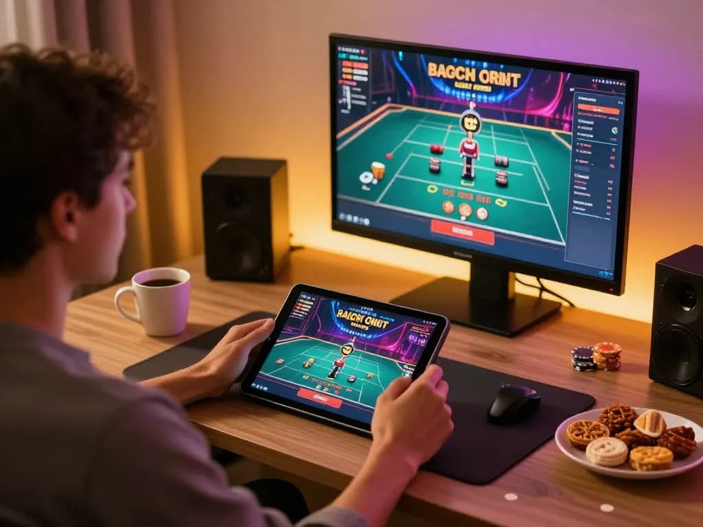 SC88 player enjoying live dealer games on tablet with snacks and warm lighting in cozy setup.