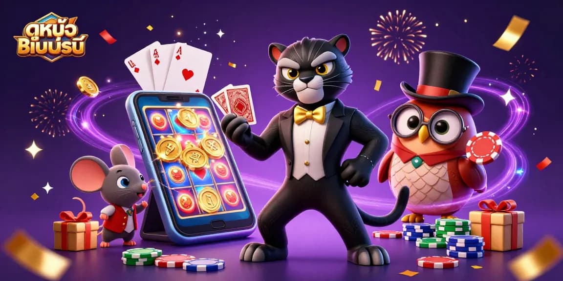 Engage with ดูหนังออนไลน์ and spin winnings at a vibrant casino scene of playful characters and slot games.