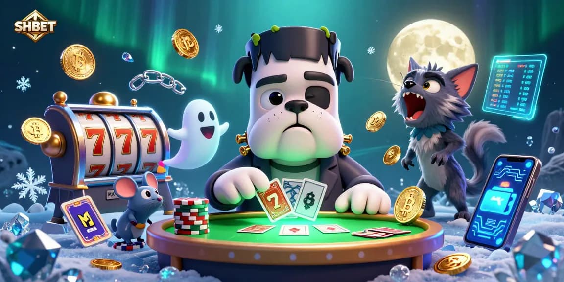 Engage with SHBET's exciting card games as a Frankenstein bulldog monster deals at a spooky casino.