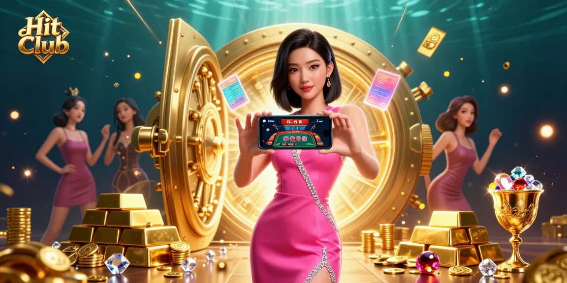 Engage at Hit Club with an Asian woman showcasing a smartphone displaying live dealer games amidst dazzling casino treasures.
