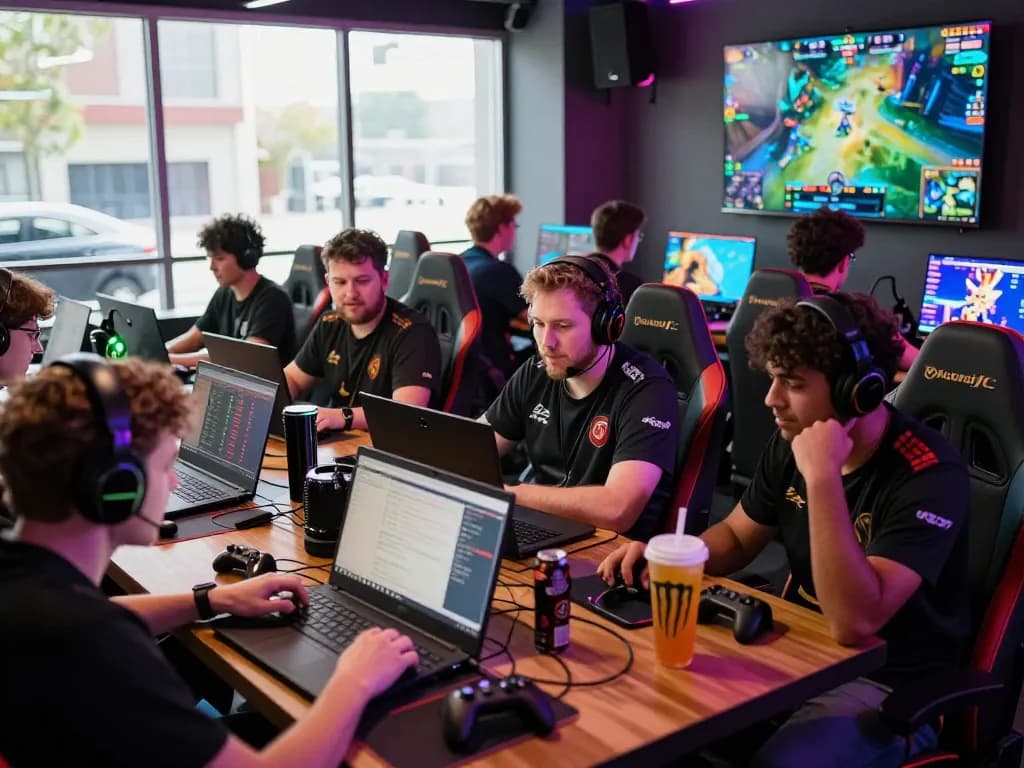 Dota 2 betting enthusiasts analyzing statistics and placing bets in a lively gaming cafe.