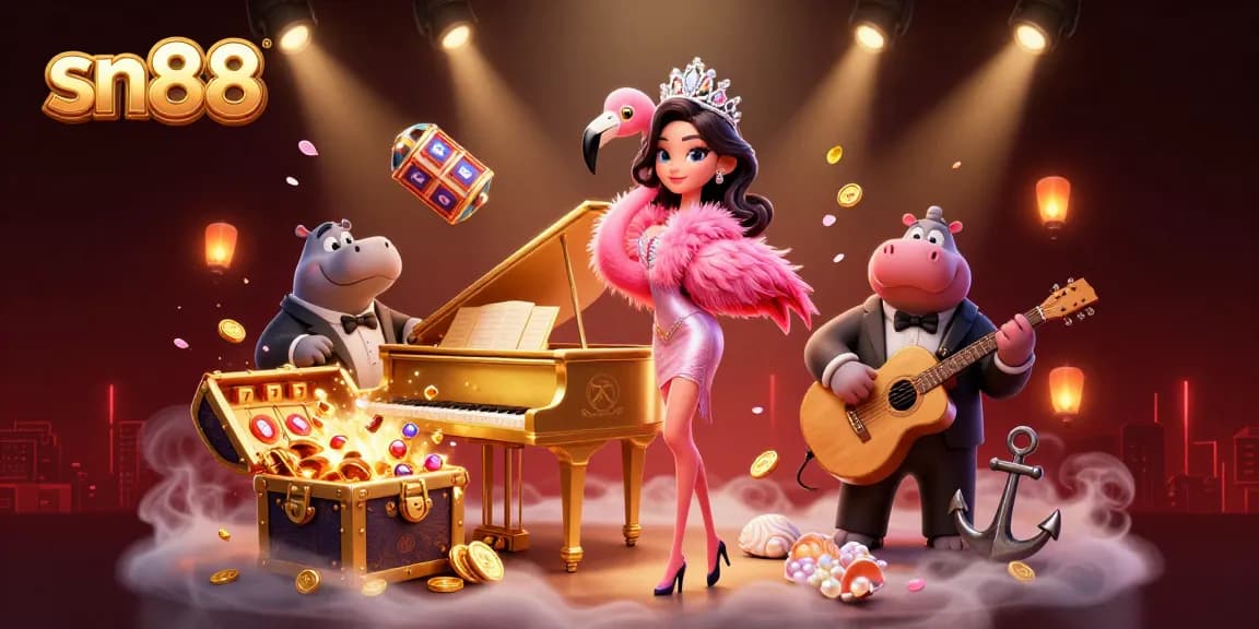 Experience the thrill of sn88 as vibrant slot reels and lively characters fill the scene with excitement.