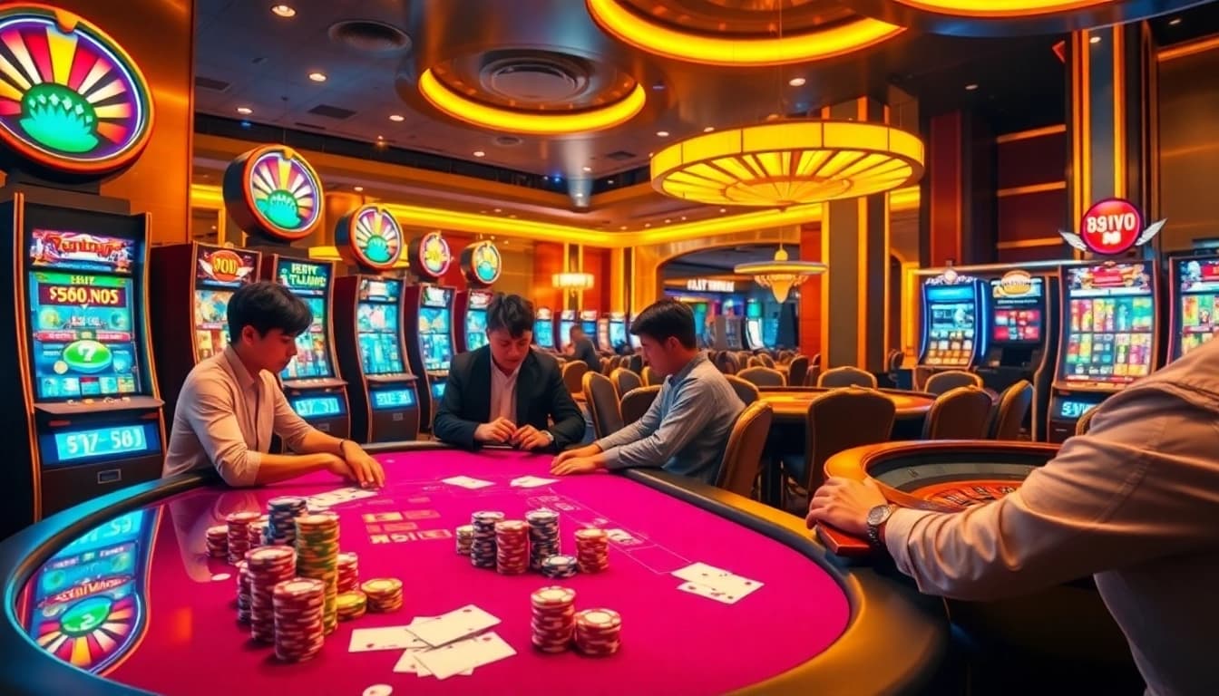 Exciting poker game action at 88vn casino with vibrant chips and cards.