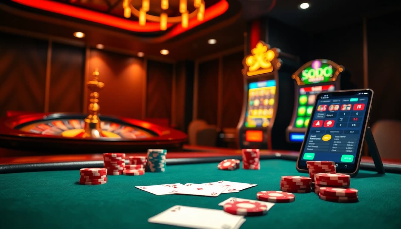SODO Casino table showcasing poker chips and cards in a vibrant gaming environment.