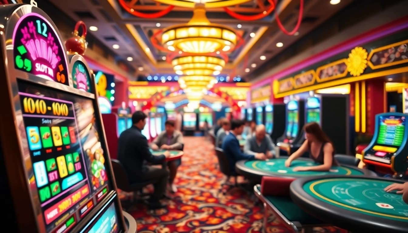 Engaged players in a casino celebrating wins through y3娱乐 games at vibrant slot machines.