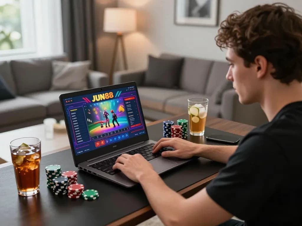 Engaging gameplay on JUN88's online casino interface in a modern home setting