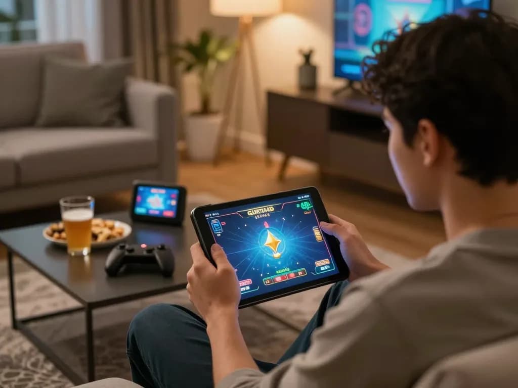 Player enjoying GURITA4D online gaming experience on tablet in a cozy home setting during Ramadhan 2026