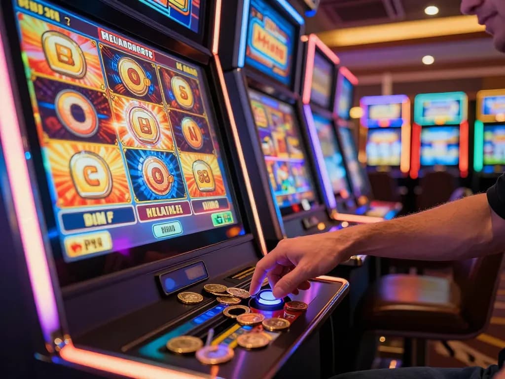 Player spinning the reels on a thrilling slot machine at Planet88 with vibrant graphics and bright lights