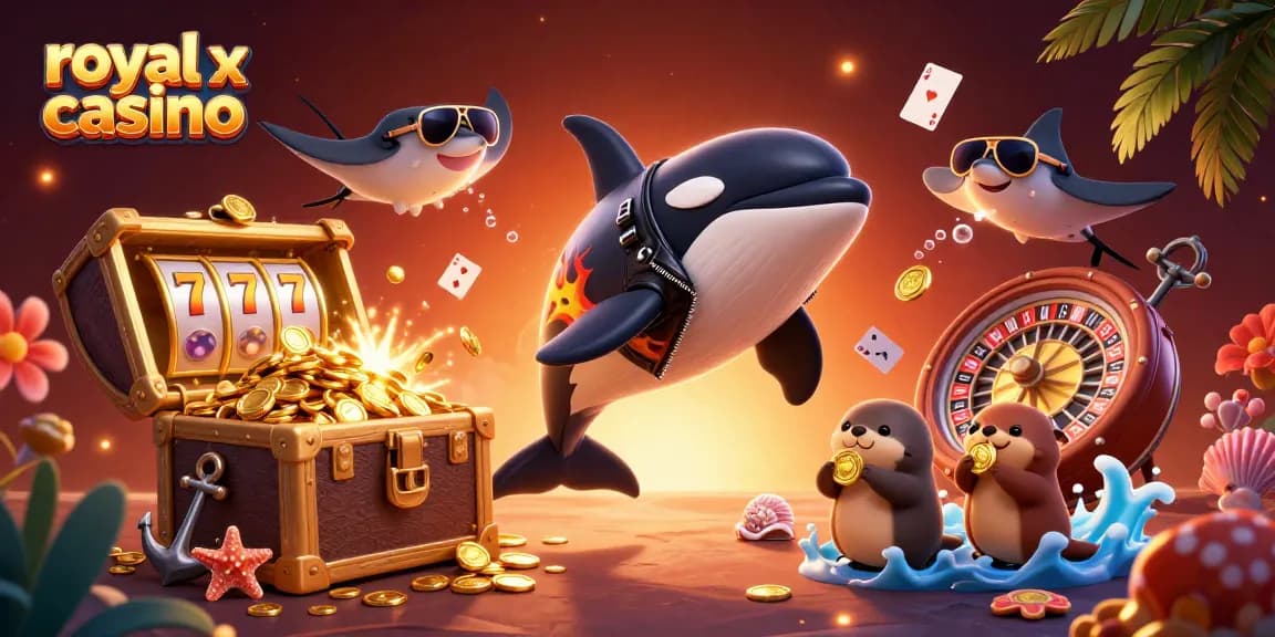 Engage with royal x casino while enjoying a vibrant scene filled with treasures, games, and aquatic characters.