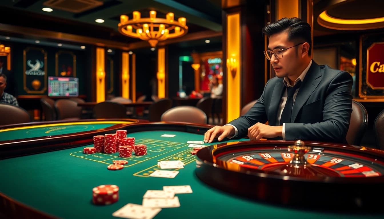 Exciting casino gaming scene at LC88 with vibrant poker chips and roulette wheel.