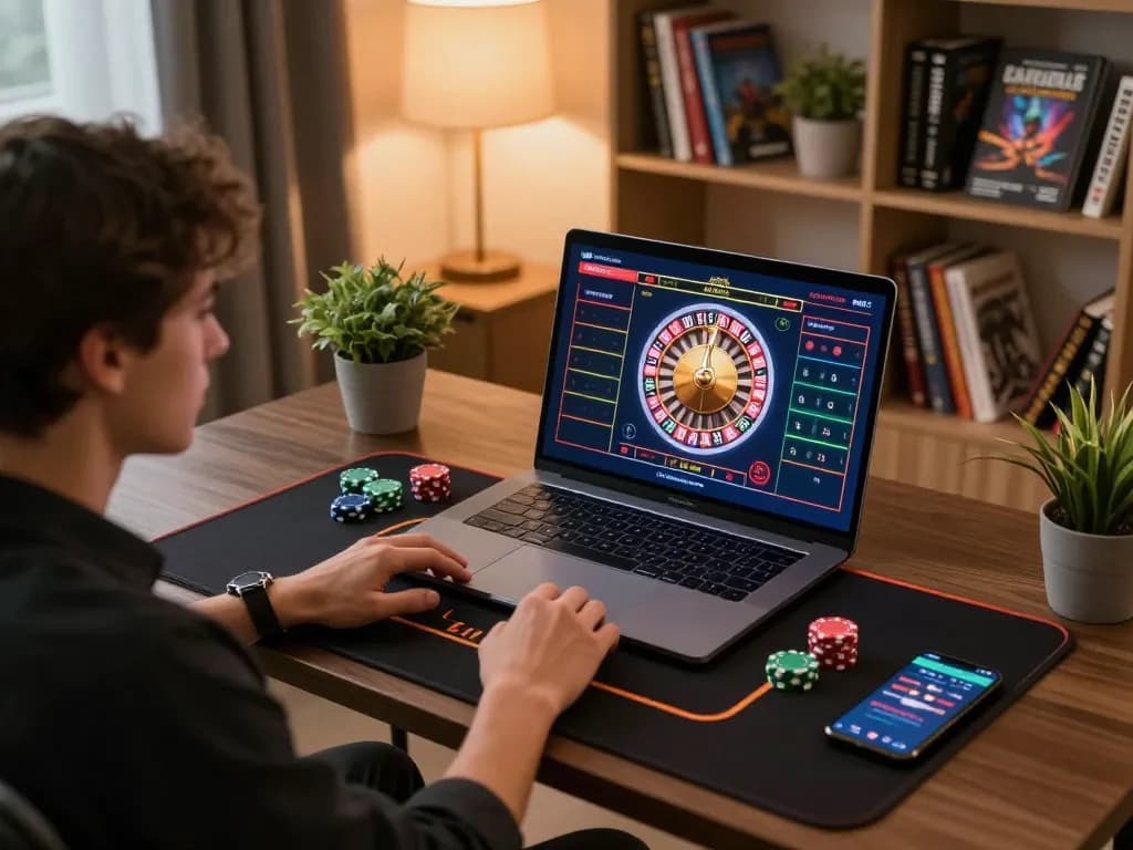 Player engaging with rr88 online casino on laptop, surrounded by comfortable home decor.