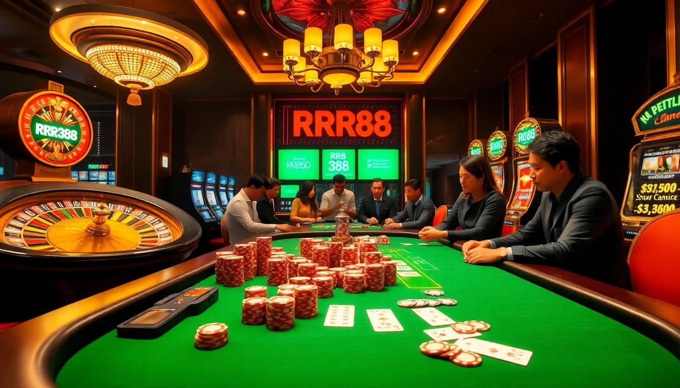 Engaging players at RR88 casino table with poker chips, cards, and vibrant slot machines.