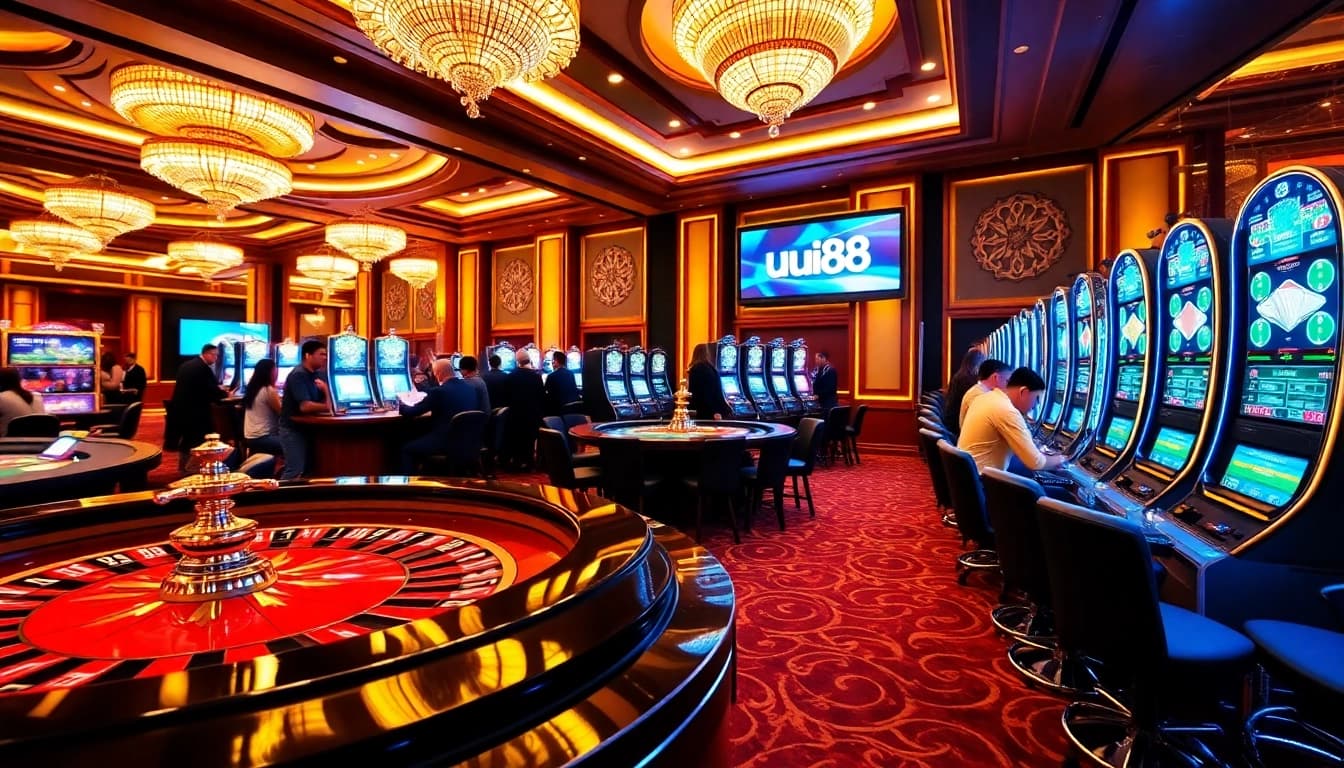 Experience the thrill of gaming at uu88 with an elegant casino scene of roulette and slots.