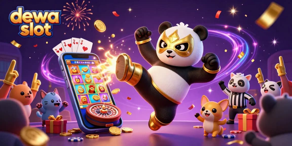 Engage with dewa slot action as a panda wrestler and chihuahua referee celebrate in a lively casino.